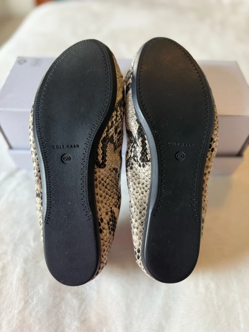 Cole Haan Ballet Flats Bow Detail Snake Print in Black and Cream 7.5